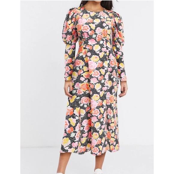 Topshop Floral Long sleeve open back dress Slit front Empire Waist Size US 6 - Picture 2 of 11